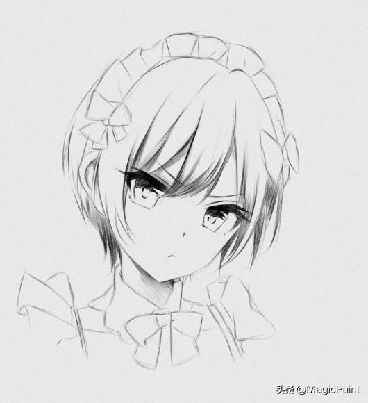 动漫手绘教学:素描风格动漫萌妹子绘画步骤 女仆装扮很可爱