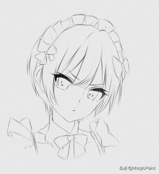 动漫手绘教学:素描风格动漫萌妹子绘画步骤 女仆装扮很可爱