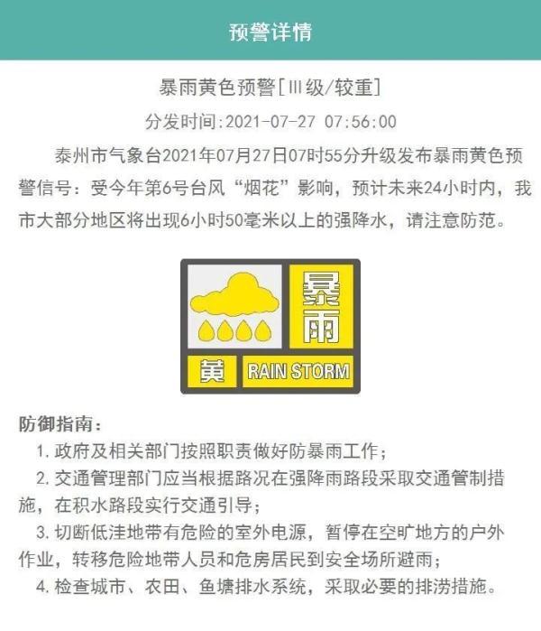 “烟花”距离泰州150公里!暴雨预警升级
