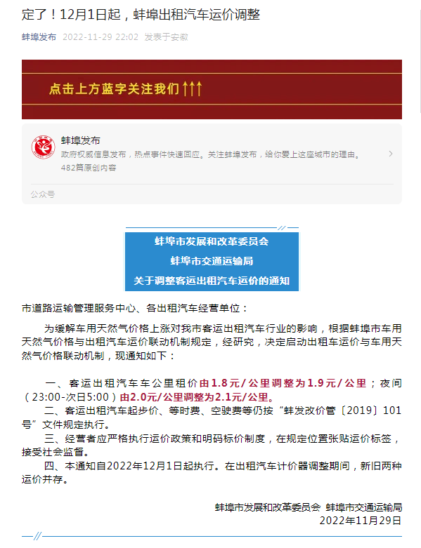 12月1日起 蚌埠出租汽车运价调整