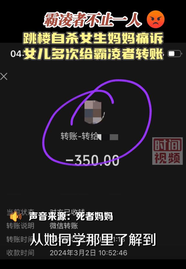 晋江跳楼身亡女孩妈妈发声：霸凌者不止一个，女儿多次转账给同学