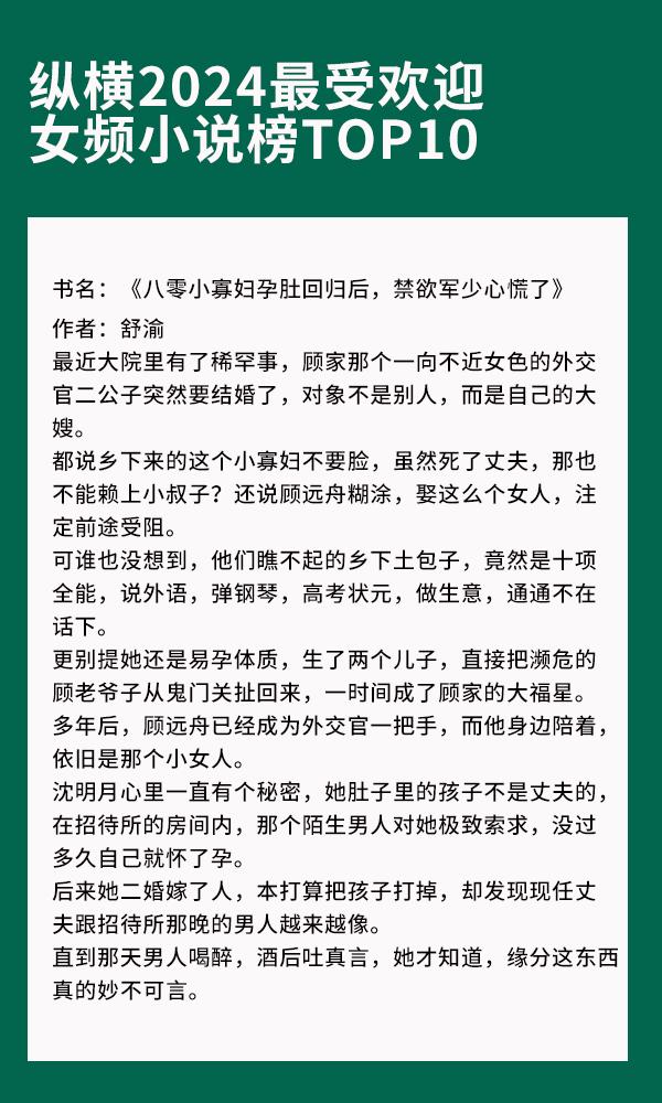 纵横2024最受欢迎女频小说榜TOP10