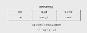 2月19日央行开展5389亿元7天期逆回购操作