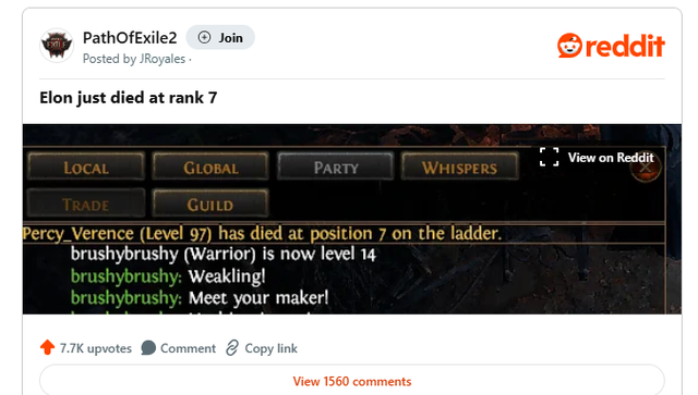 曝马斯克《流放之路2》硬核角色彻底死亡 玩家反应冷淡