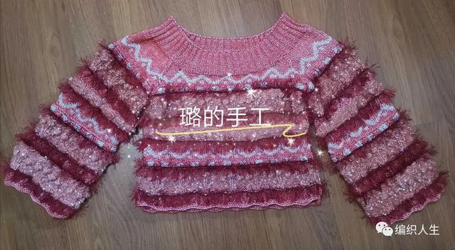 少女风改版华丽风：毛茸茸女士棒针大圆领阔袖套头毛衣（有编织图解）