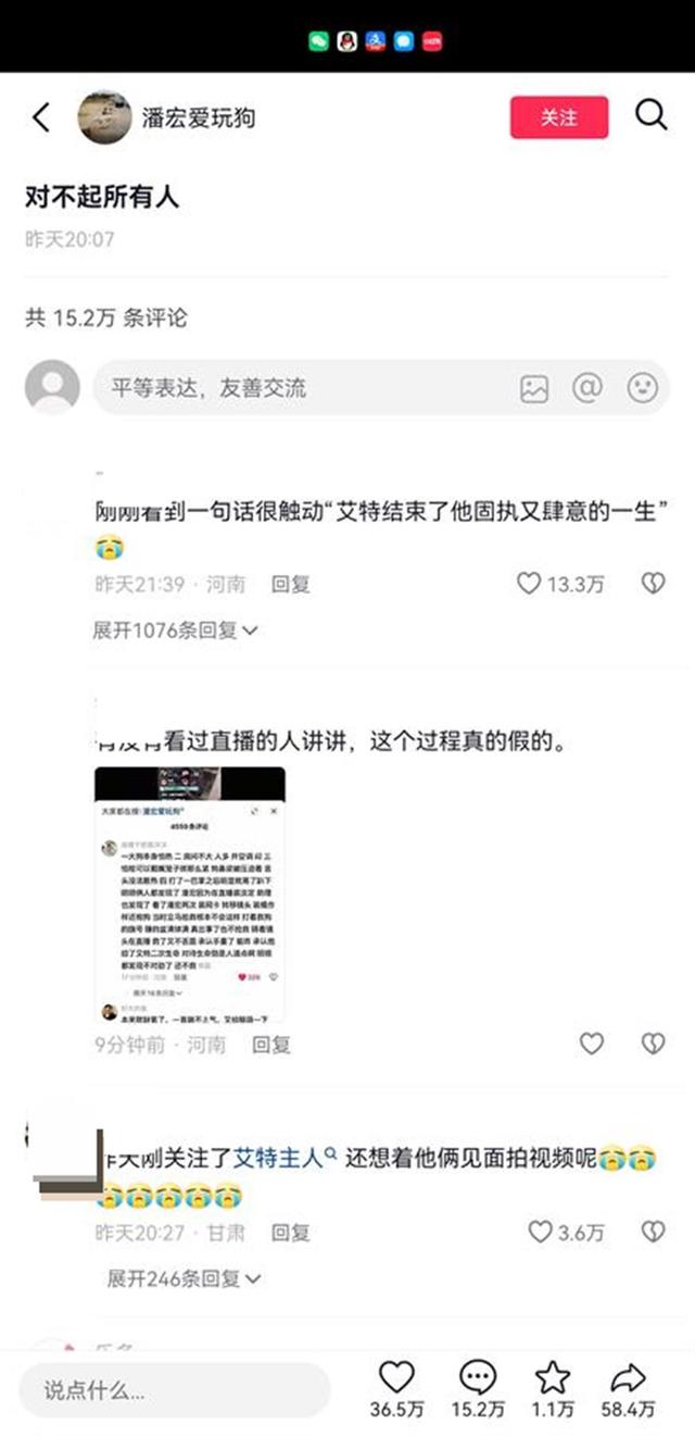 网红小狗艾特被直播洗澡后去世，千万粉丝网红潘宏道歉称“都是我的错”，此前曾被频繁举报“虐狗”