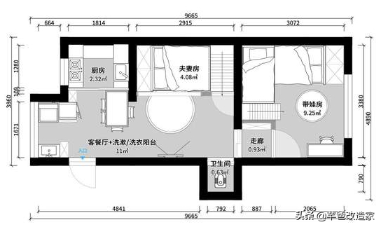 30平1居全屋承重墙，客厅架出夫妻房，巧变私密小2居