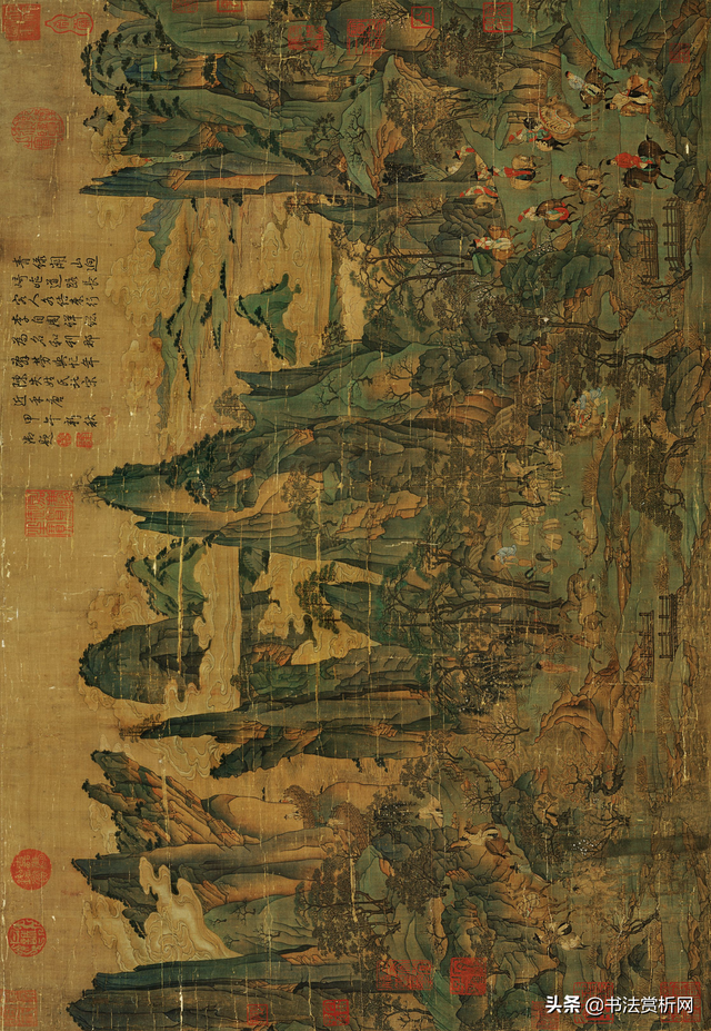 台北故宫藏版唐画《唐明皇幸蜀图》带乾隆御题，附画内钤印放大