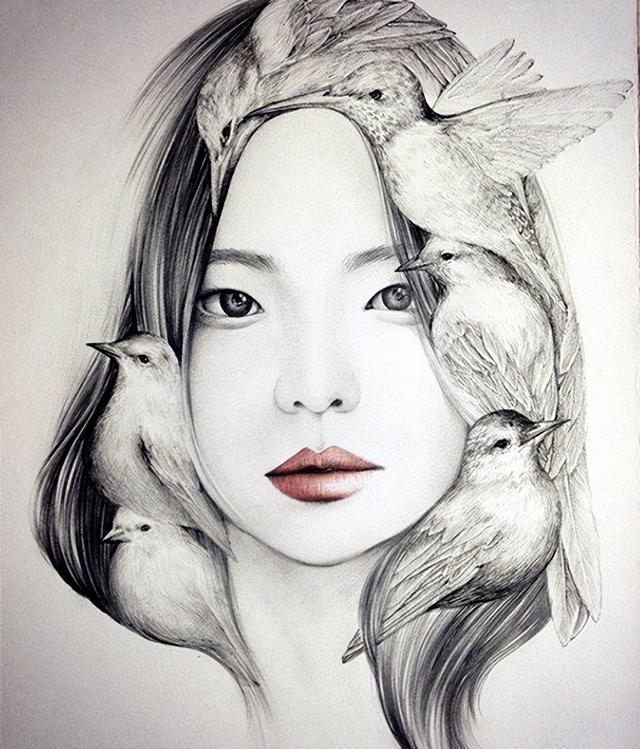 飞鸟和少女｜韩国插画师OkArt绘画作品欣赏